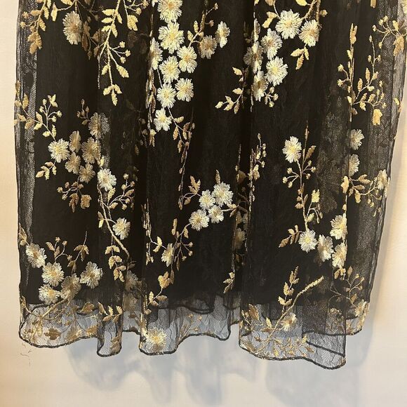 Express Dress Womens 4 Black Gold Floral Embroidered romantic fairy Cocktail - Picture 3 of 15